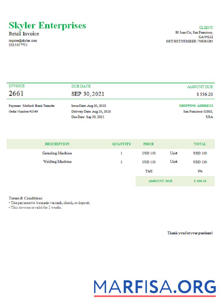 Printable USA Skyler Enterprises invoice real example